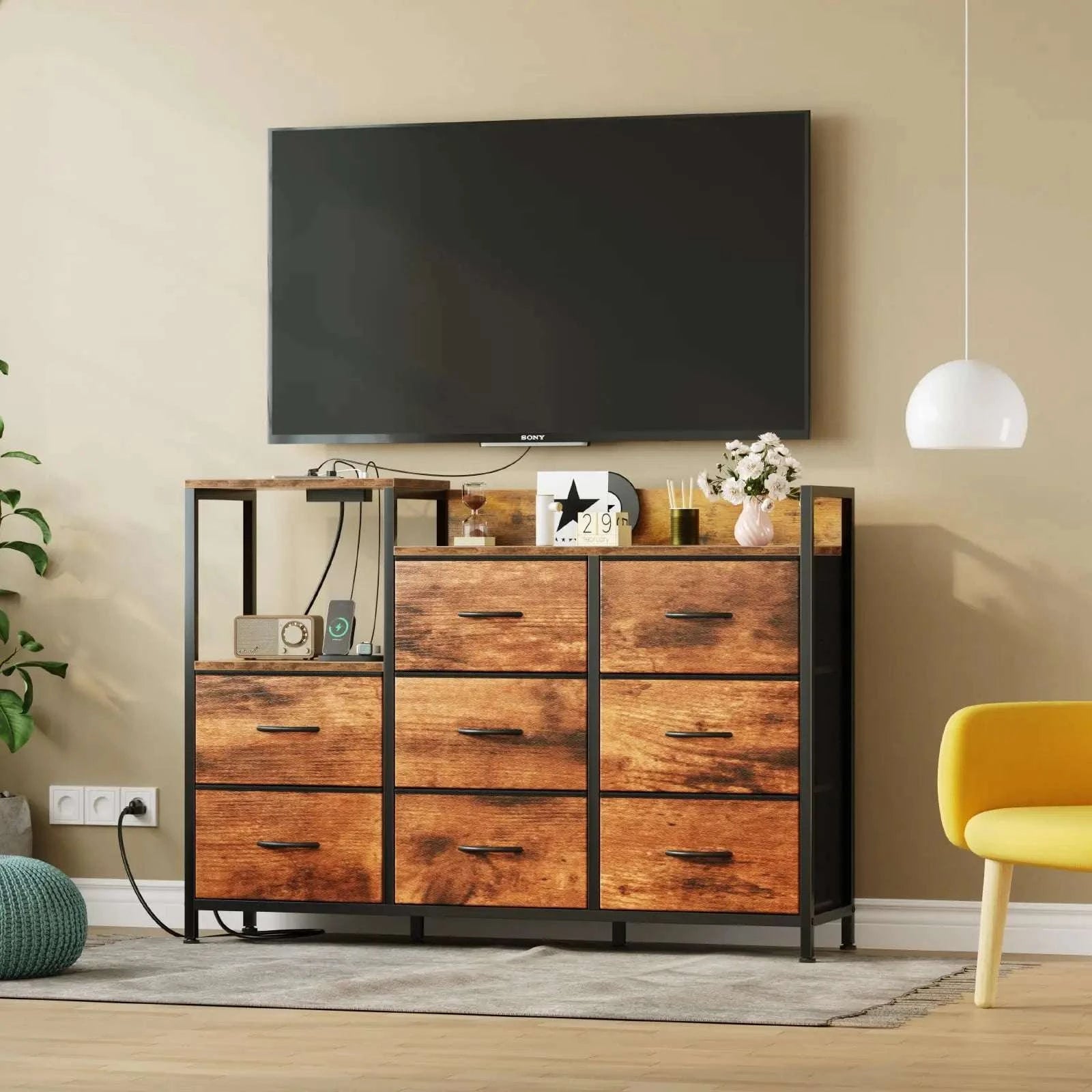 Modern TV Stand with 9 Fabric Drawers & Metal Frame Storage-Ivory / United States