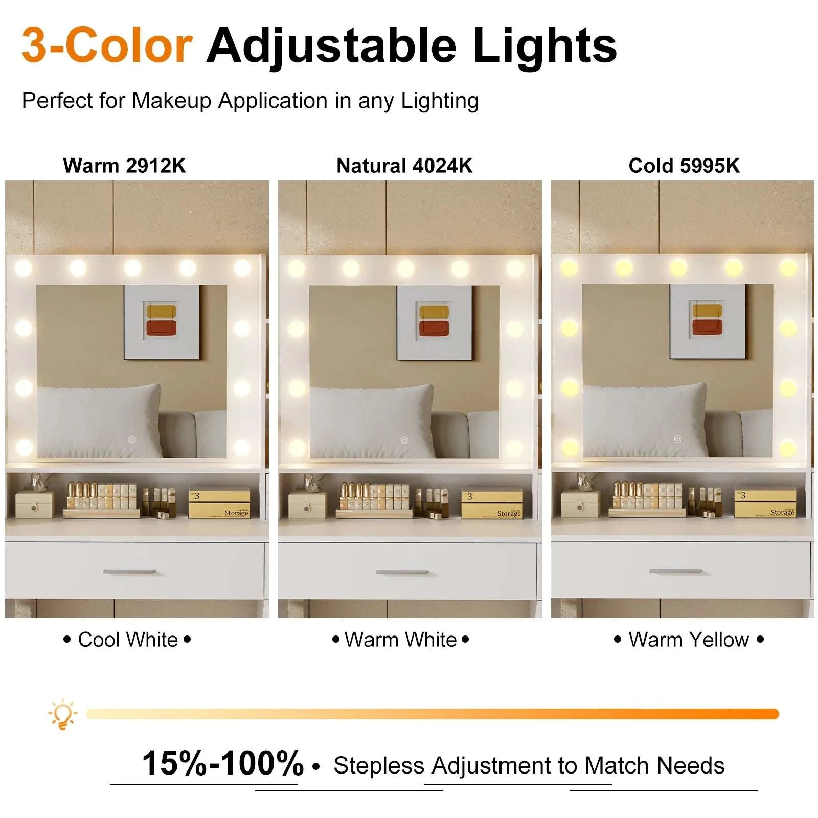Modern Vanity Desk with Mirror Lights, Storage Cabinets & Drawers-2 draws / United States
