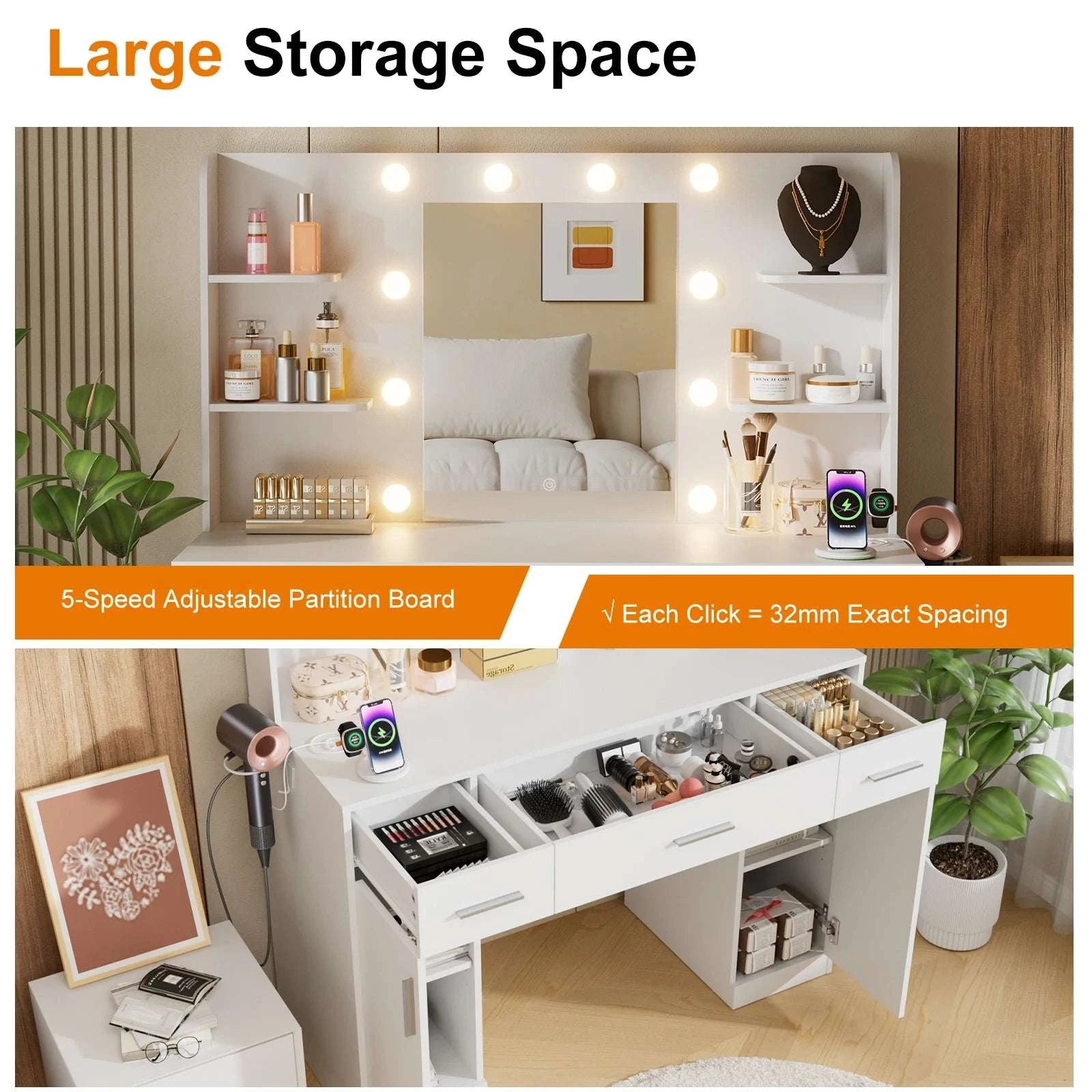 Modern Vanity Desk with Mirror Lights, Storage Cabinets & Drawers-2 draws / United States