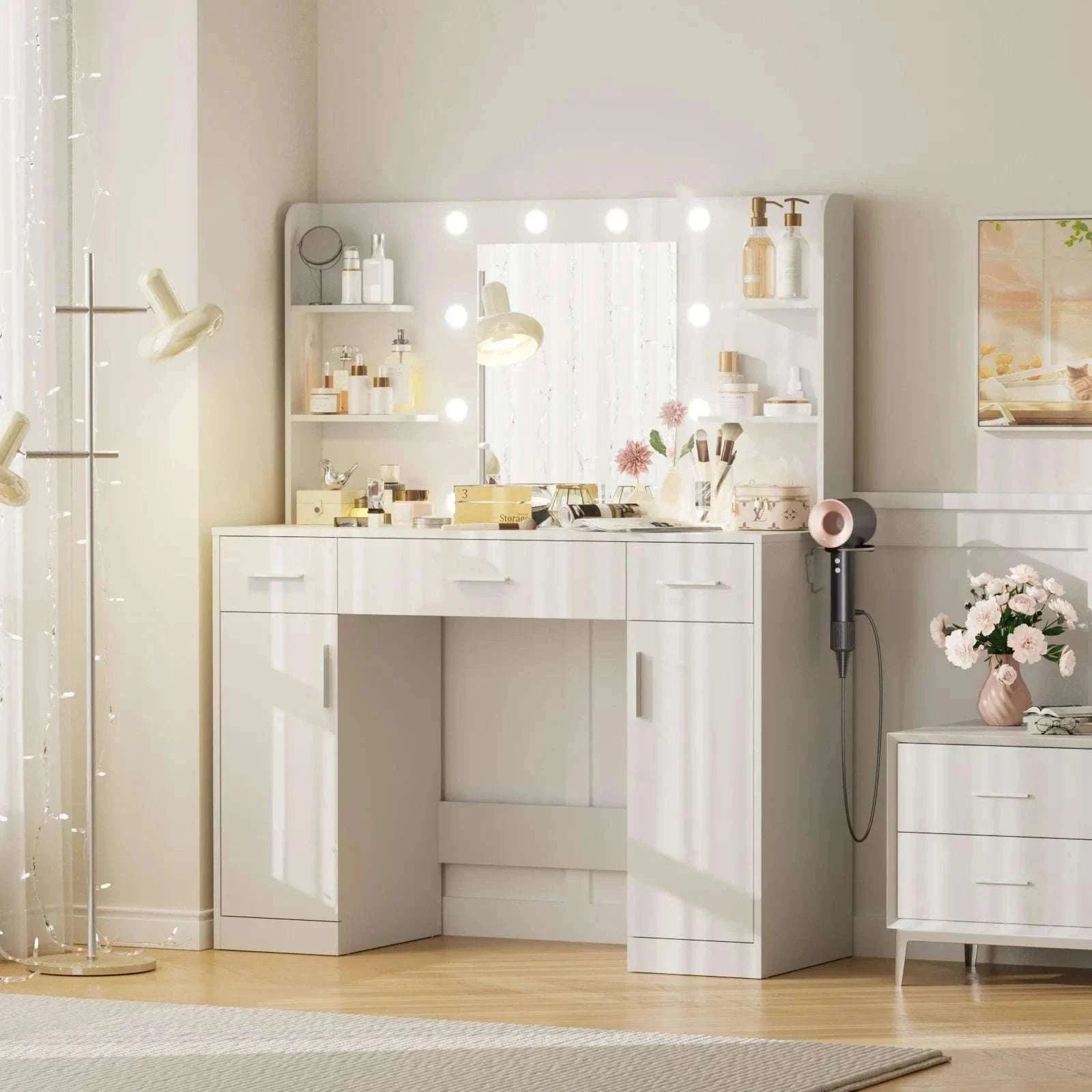 Modern Vanity Desk with Mirror Lights, Storage Cabinets & Drawers-2 draws / United States