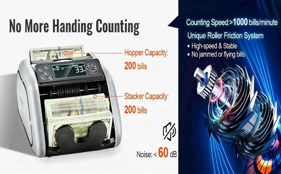 Money Counter Machine 1000 Bills/Min with UV MG IR Detection-Gray / United States