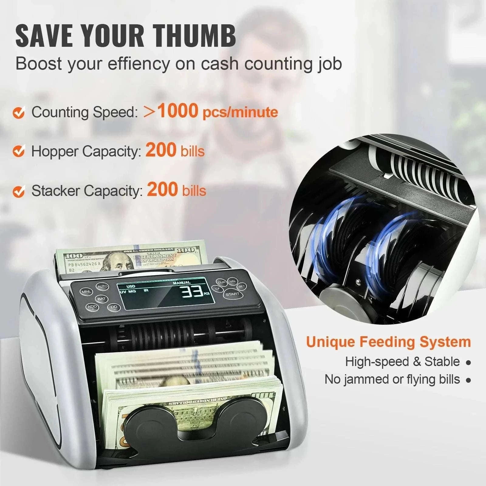 Money Counter Machine with UV MG IR Detection, 1000 Bills/Min-Gray / GERMANY