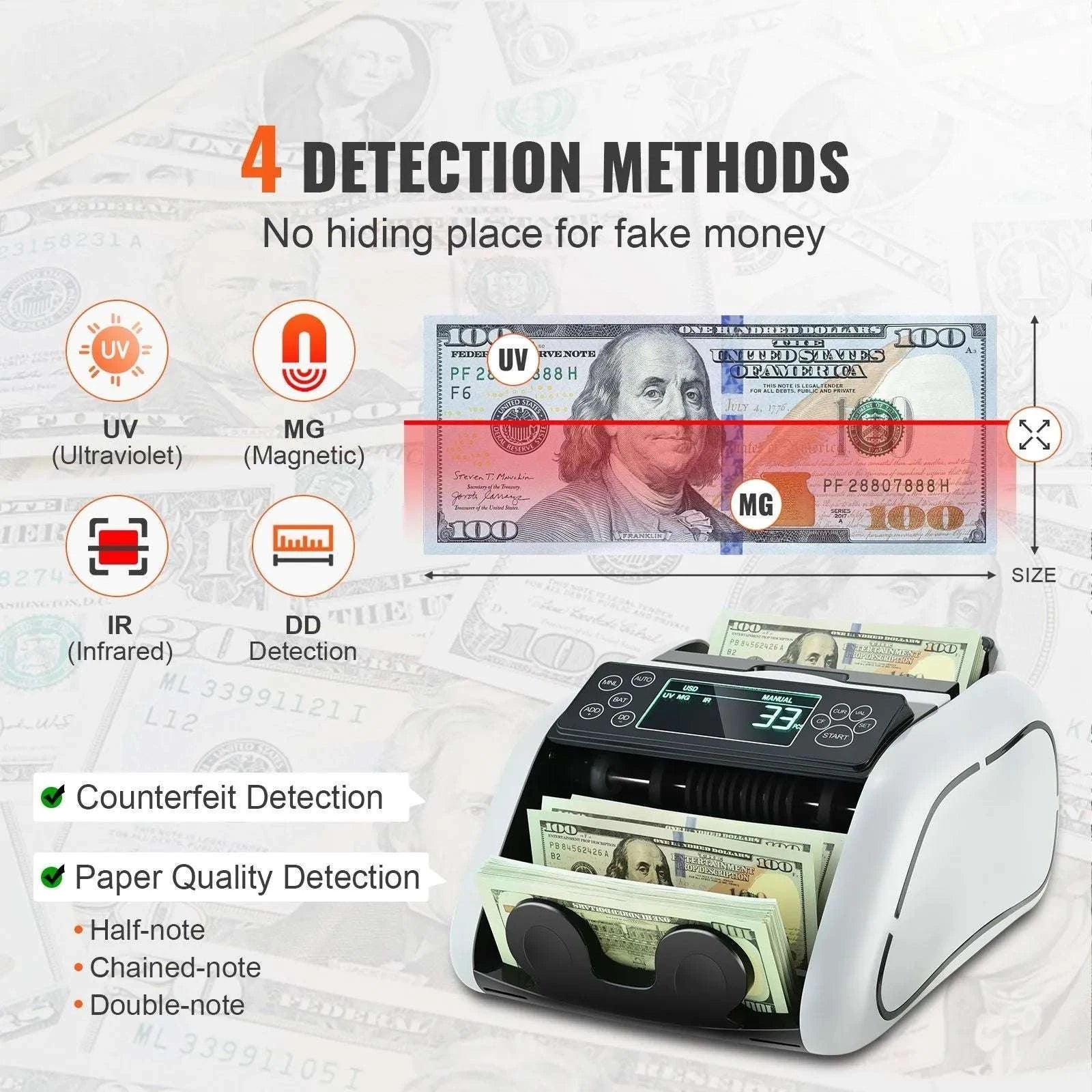 Money Counter Machine with UV MG IR Detection, 1000 Bills/Min-Gray / GERMANY