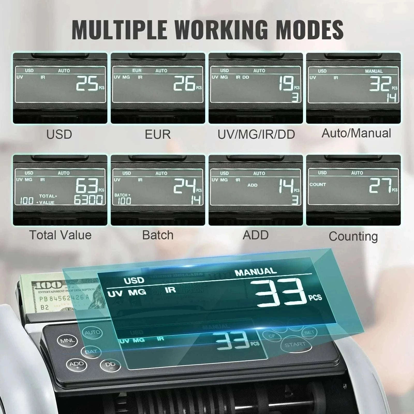 Money Counter Machine with UV MG IR Detection, 1000 Bills/Min-Gray / GERMANY