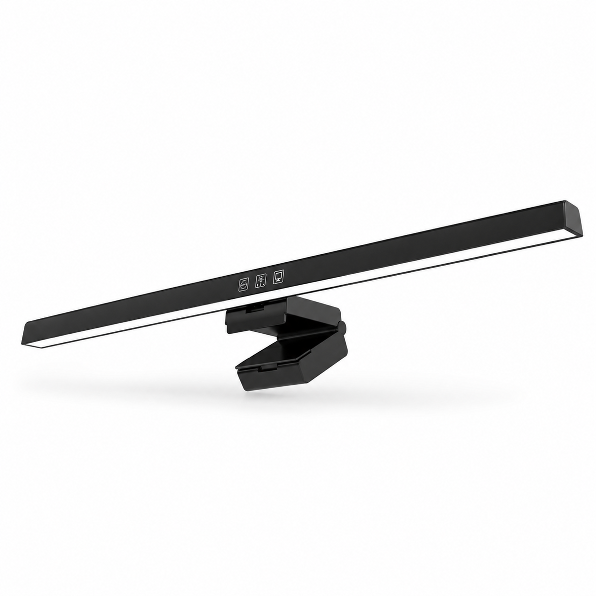 Black monitor light bar with mounting clamp on white background