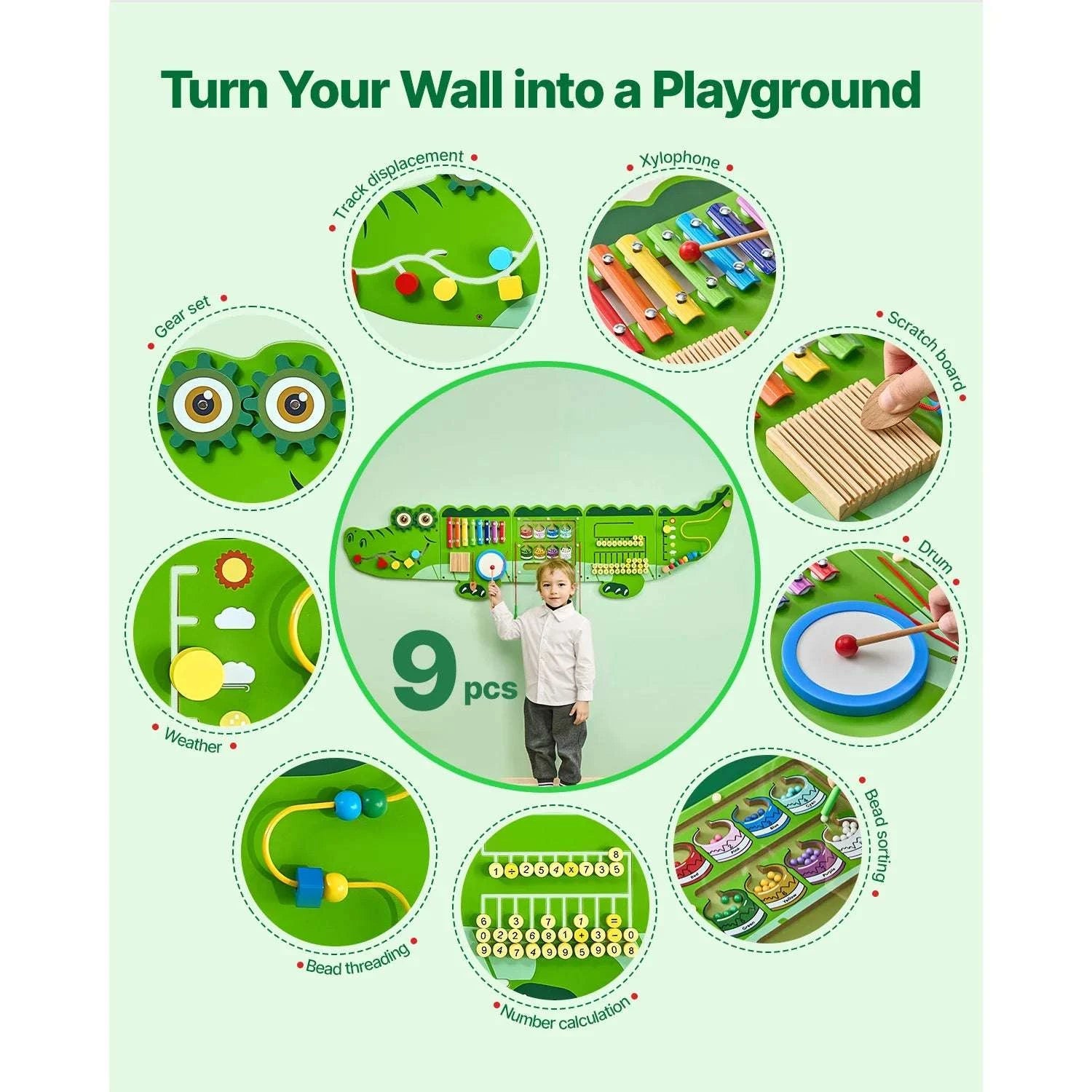 Montessori Activity Wall Panel with 9 Games Crocodile Busy Board-Crocodile / United States