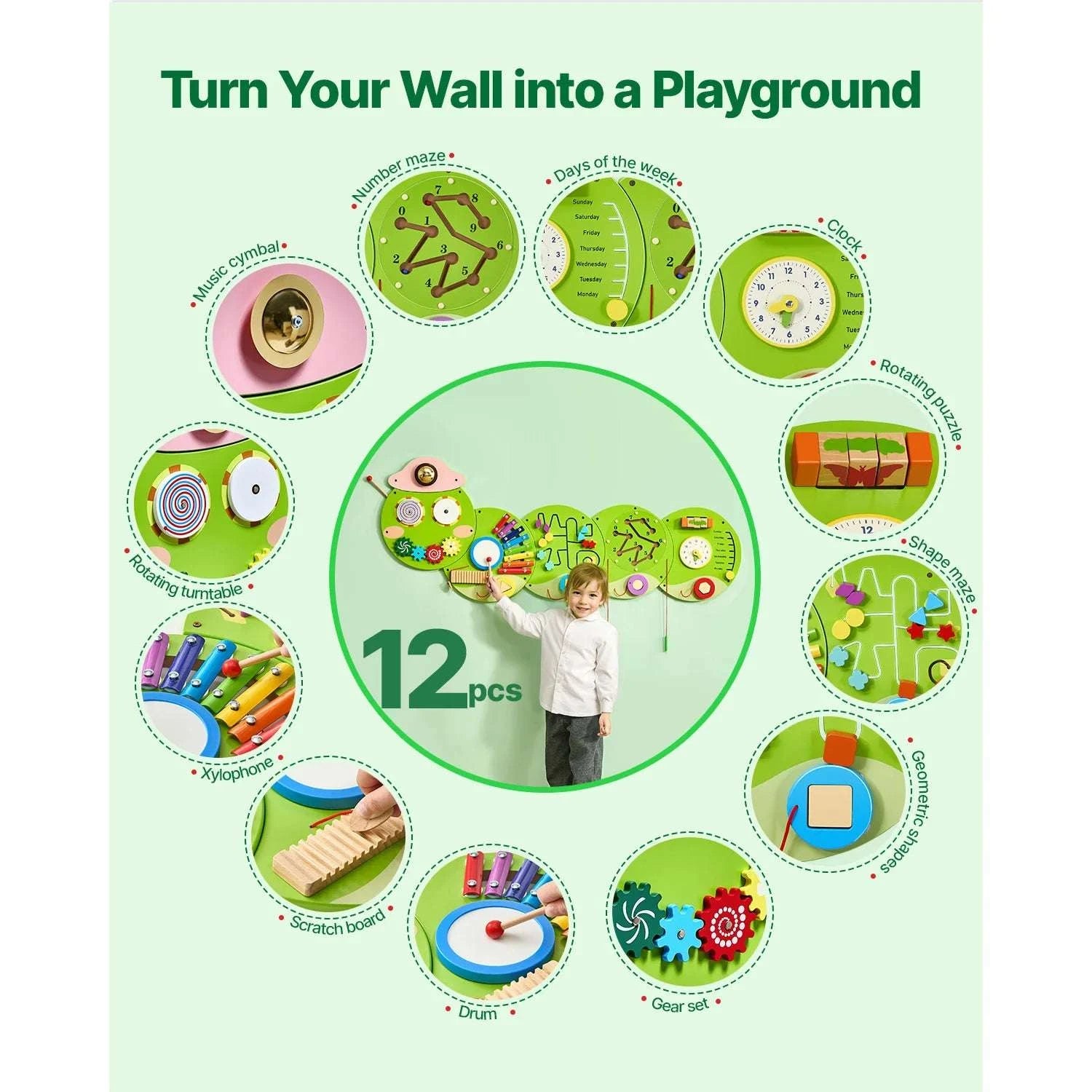 Montessori Wall Busy Board for Kids – 12 Activity Sensory Panel-Caterpillar / United States