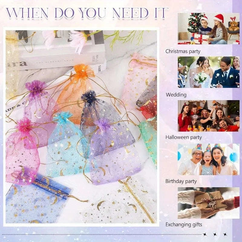 Moon Stars Organza Bags – Celestial Drawstring Gift Pouches (50PCS)-Multicolor-50PCS / 9x12cm-3.5x4.7in