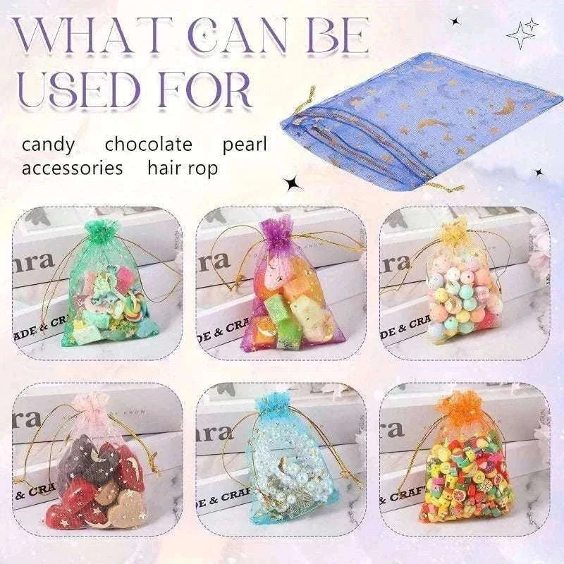 Moon Stars Organza Drawstring Gift Bags, 50-Pack-Multicolor-50PCS / 9x12cm-3.5x4.7in