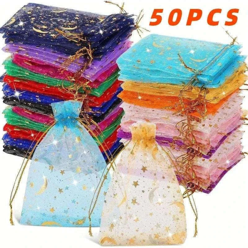 Moon Stars Organza Drawstring Gift Bags, 50-Pack-Multicolor-50PCS / 9x12cm-3.5x4.7in
