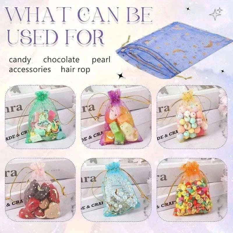 Moon Stars Organza Drawstring Gift Bags, 50-Pack-Multicolor-50PCS / 9x12cm-3.5x4.7in
