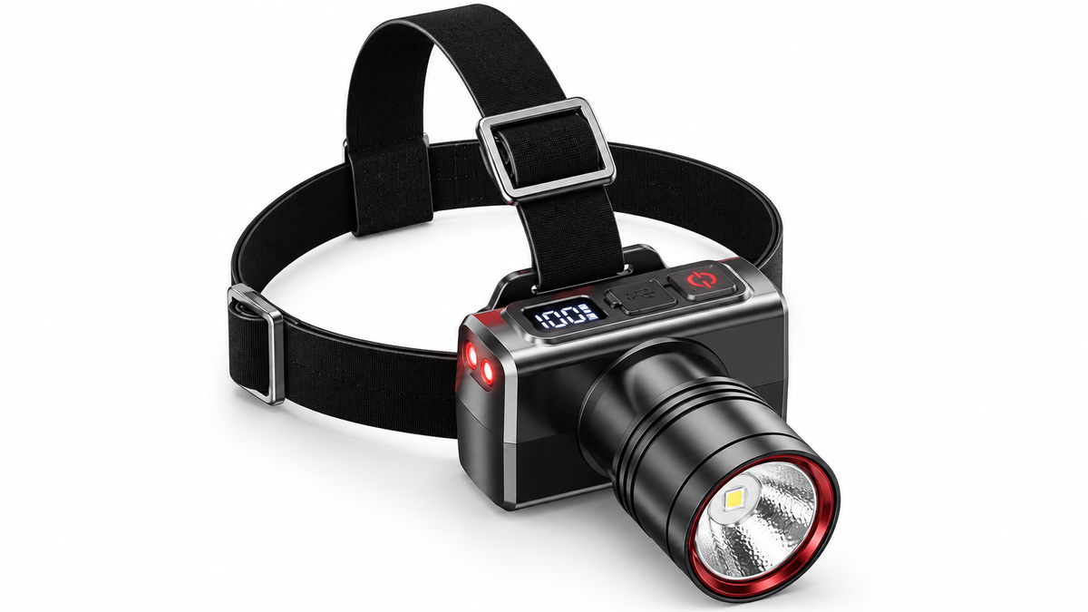 Black rechargeable motion sensor headlamp on white background
