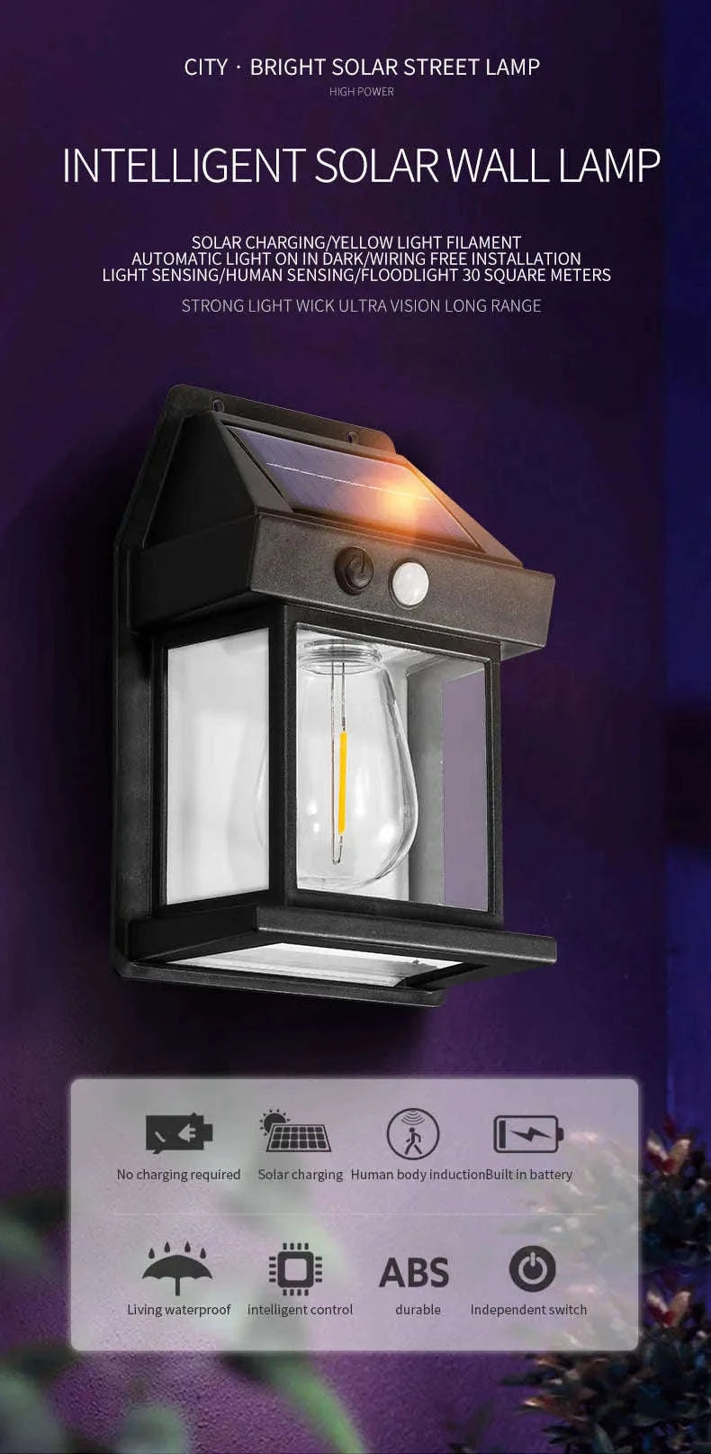 Motion Sensor Solar Tungsten Night Lamp for Outdoor Spaces-DK888(Black)