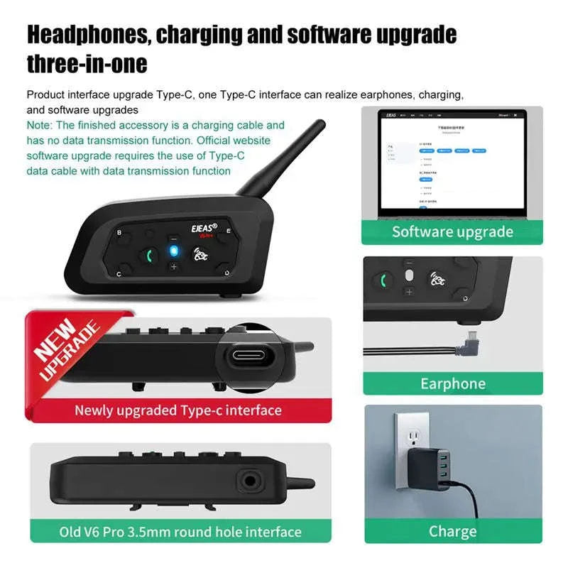 Motorcycle Bluetooth Intercom Headset V6Pro+ 6 Riders 1200m Range-1pc type c v6pro / United States