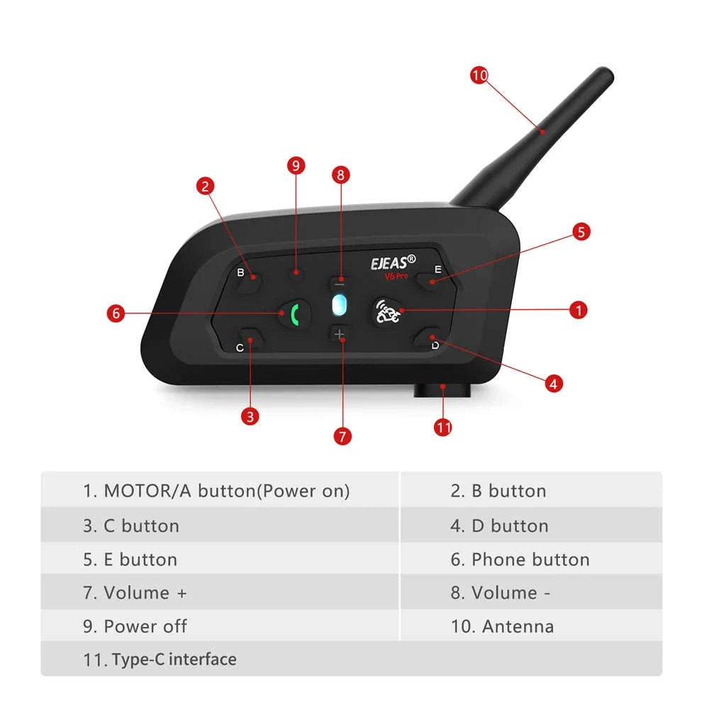 Motorcycle Bluetooth Intercom Headset V6Pro+ 6 Riders 1200m Range-1pc type c v6pro / United States