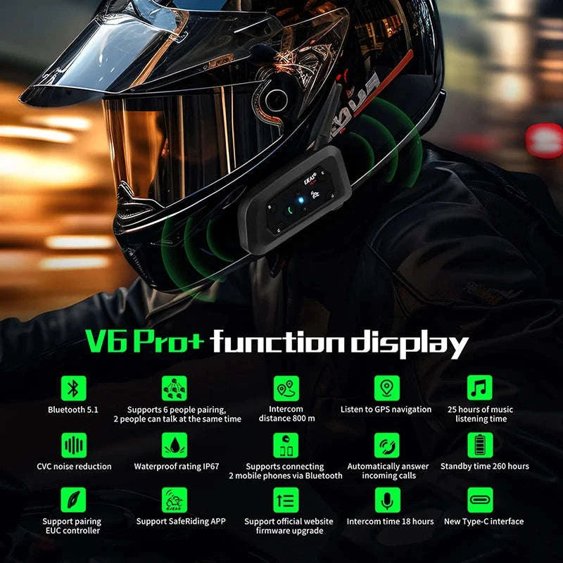 Motorcycle Bluetooth Intercom Headset V6Pro+ 6 Riders 1200m Range-1pc type c v6pro / United States