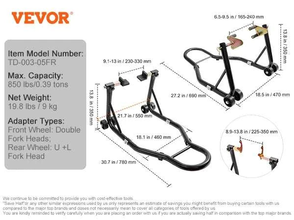 Motorcycle Front & Rear Stand Lift 850lb Heavy Duty Combo-Rear Wheel / GERMANY