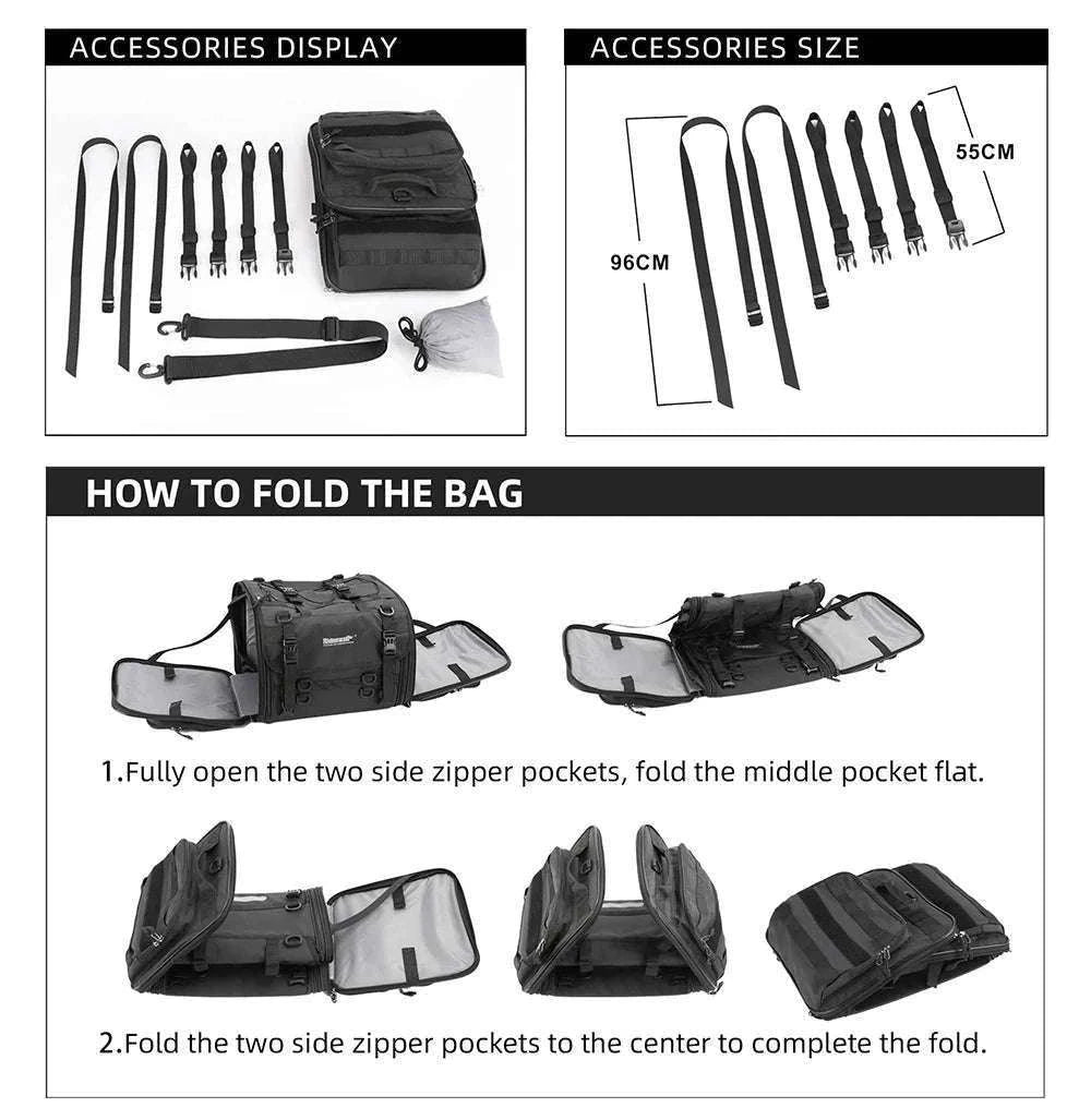 Motorcycle Tail Bag Expandable Luggage 19L–80L Rack Trunk Storage-M 19L-26L Black
