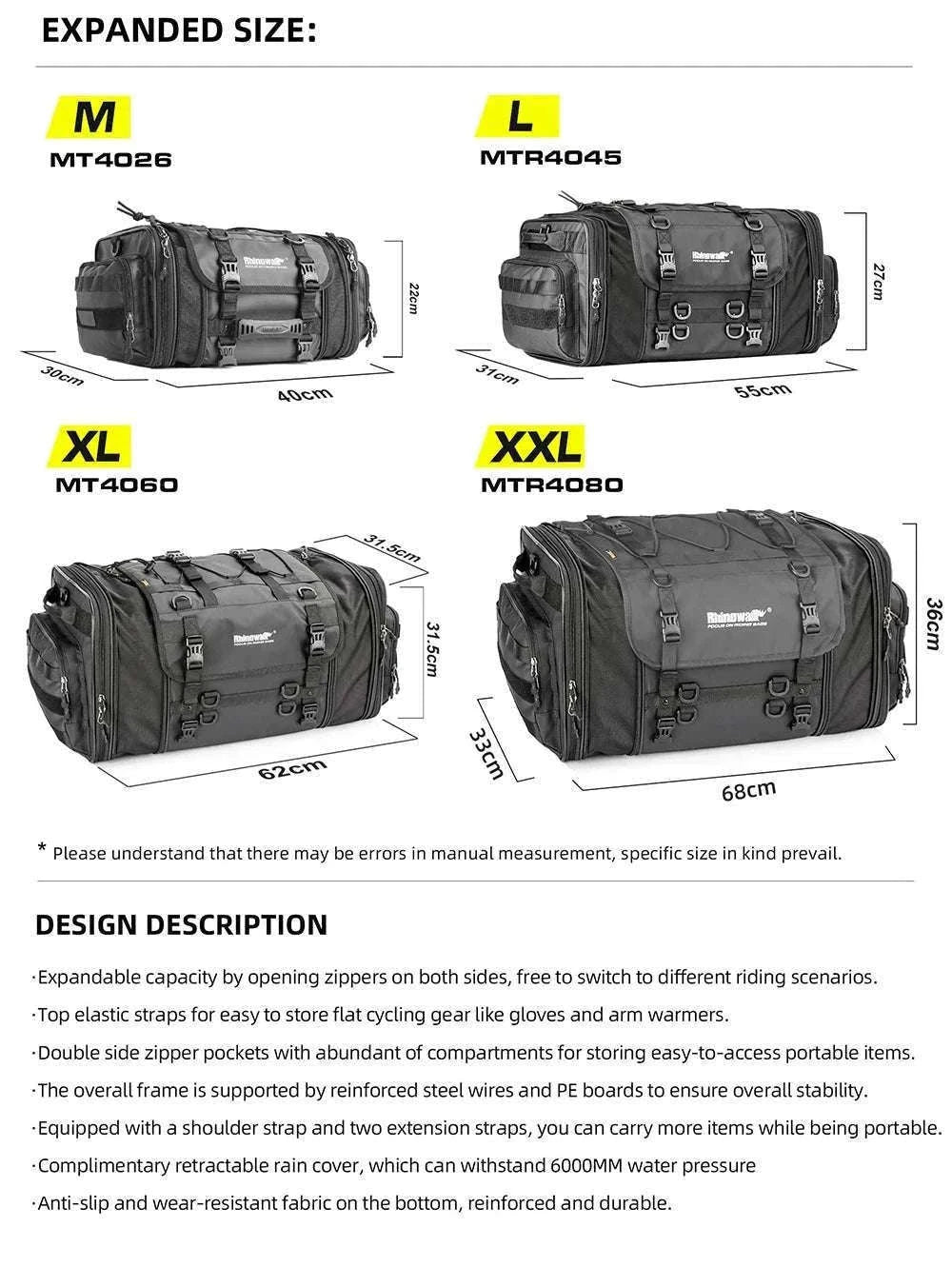 Motorcycle Tail Bag Expandable Luggage 19L–80L Rack Trunk Storage-M 19L-26L Black