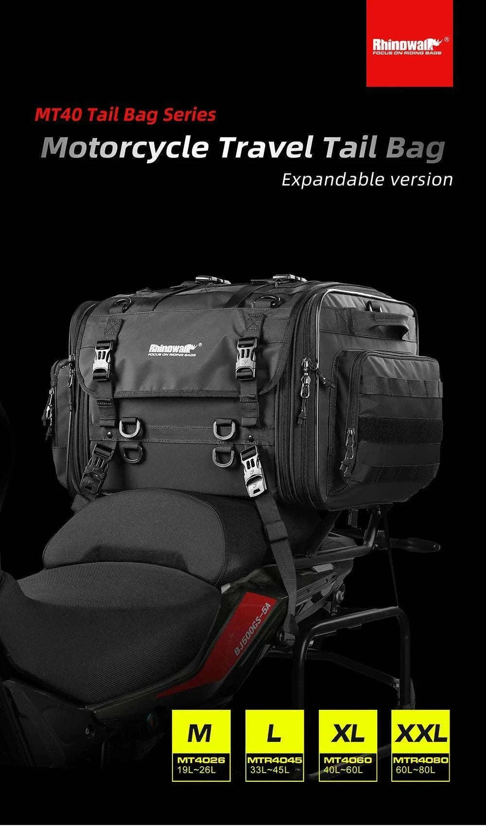 Motorcycle Tail Bag Expandable Luggage 19L–80L Rack Trunk Storage-M 19L-26L Black