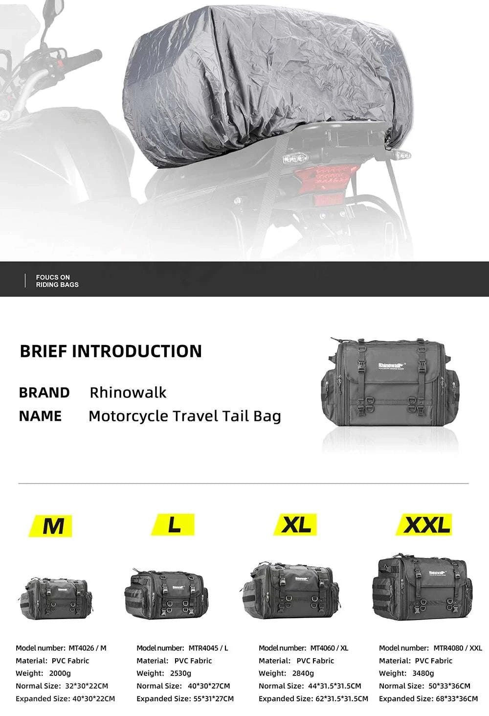 Motorcycle Tail Bag Expandable Luggage 19L–80L Rack Trunk Storage-M 19L-26L Black