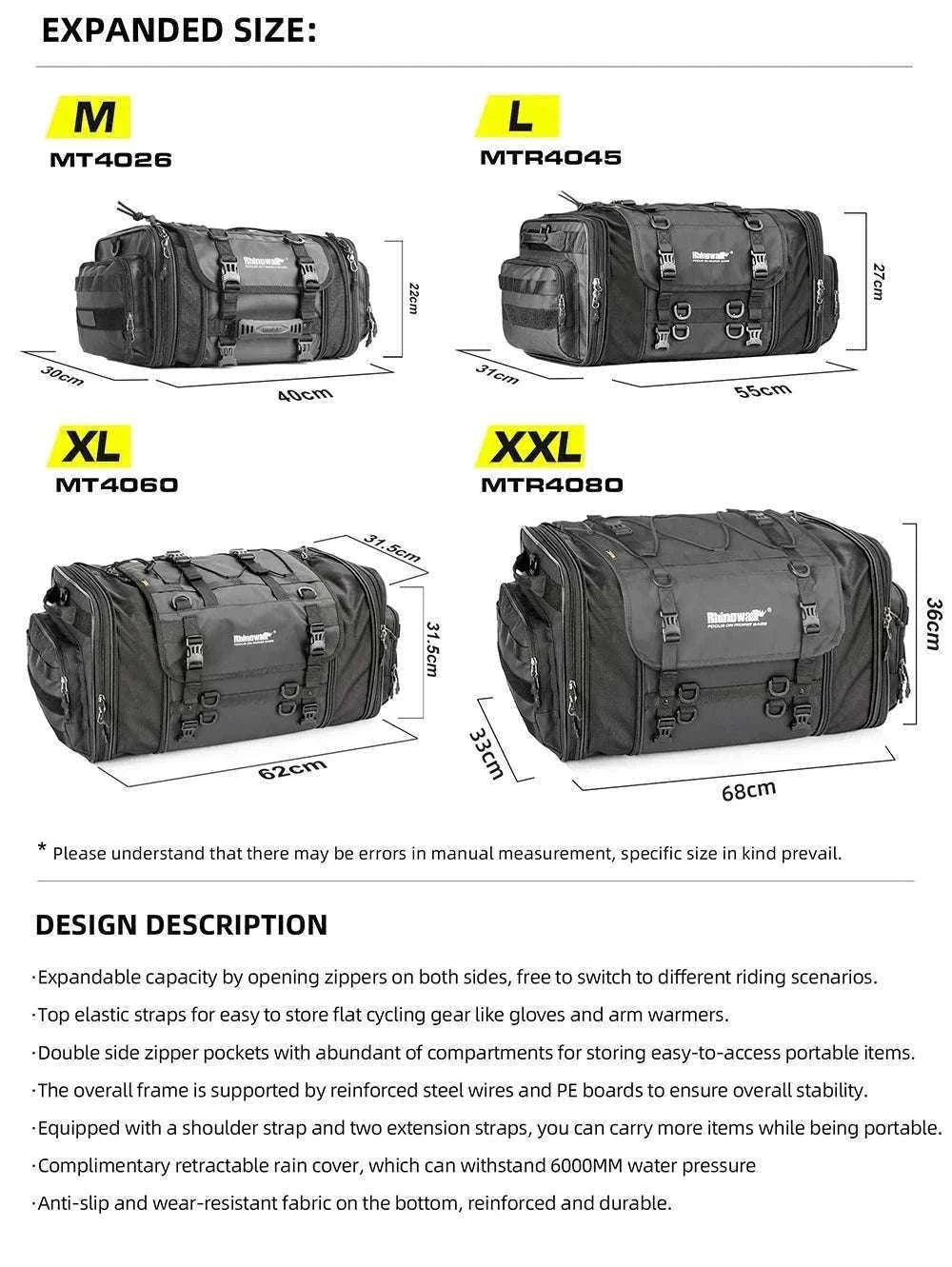 Motorcycle Tail Bag Expandable Luggage 19L–80L Rack Trunk Storage-M 19L-26L Black