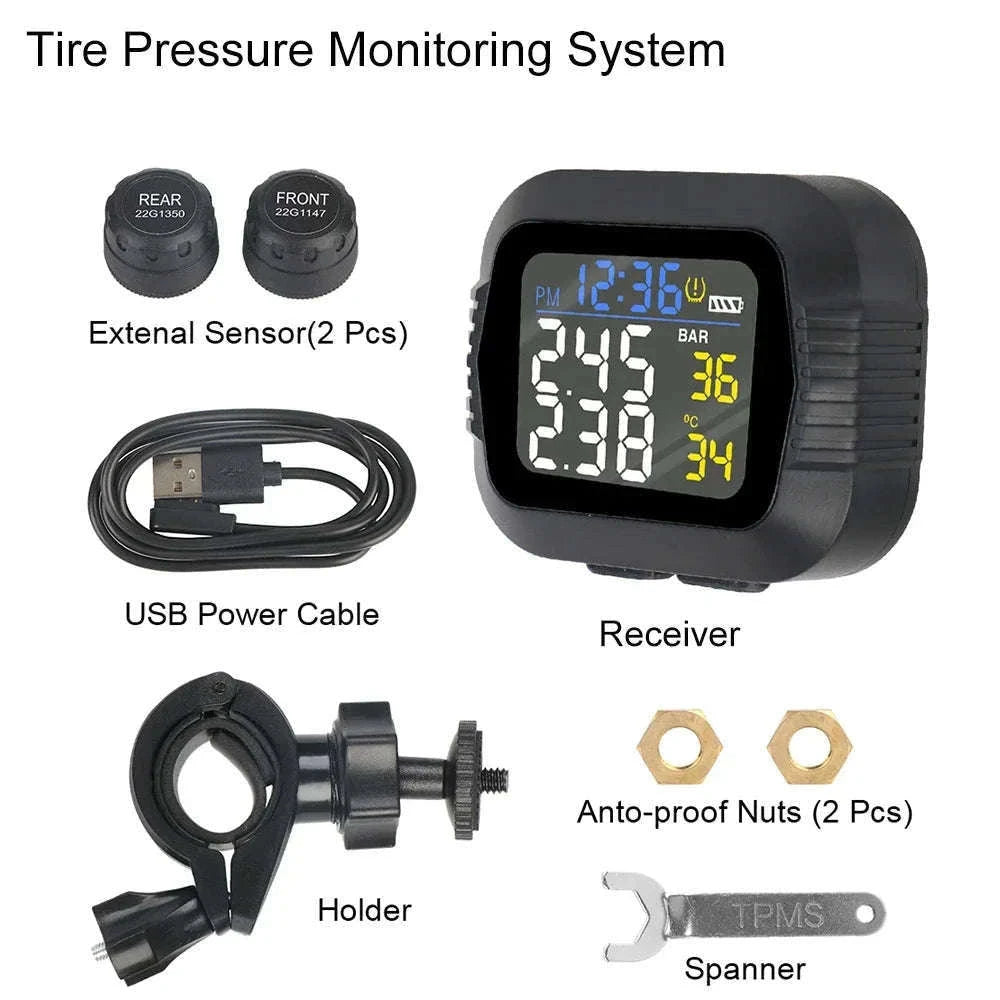 Motorcycle Tire Pressure Monitor with Real-Time Alerts-Black