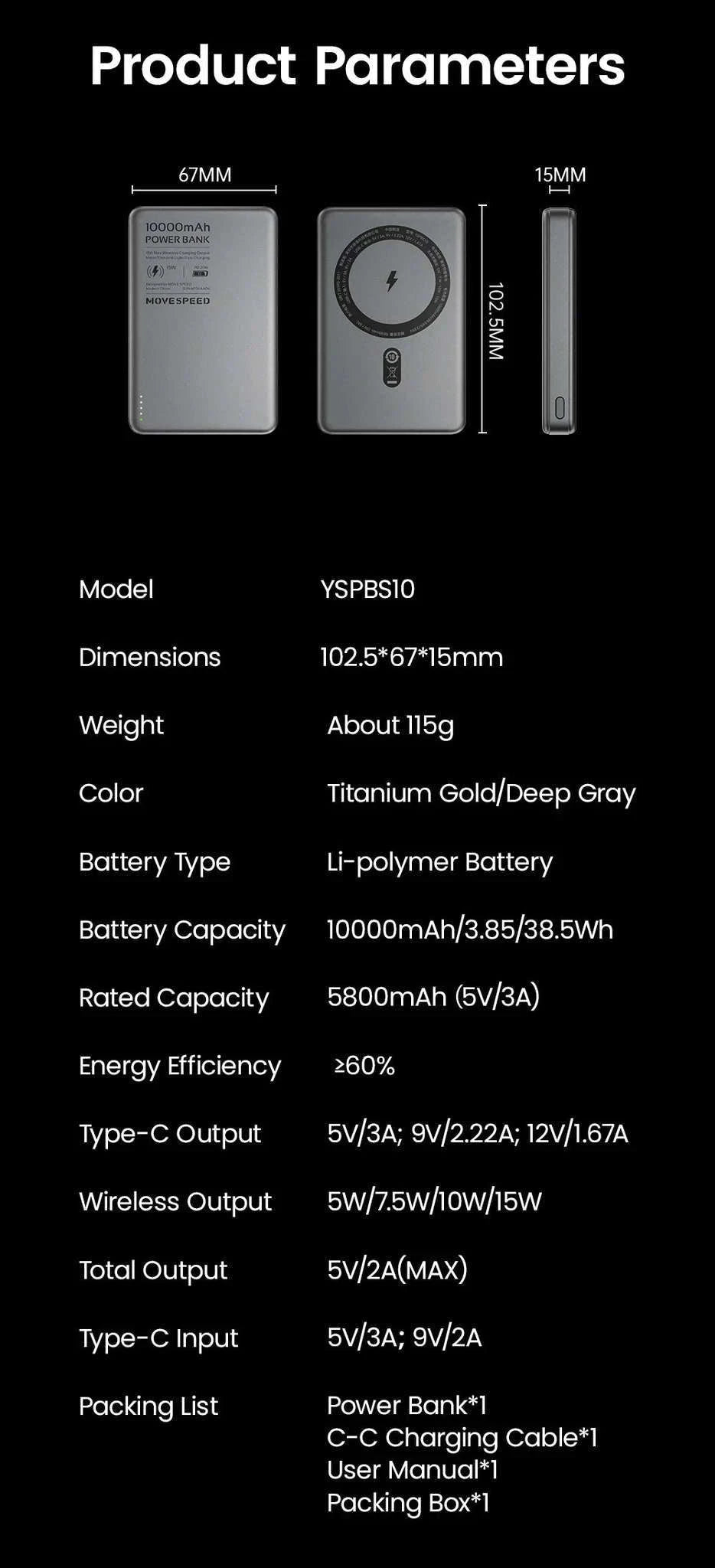 MOVESPEED S10 Magnetic 10000mAh Power Bank for Fast Charging-Gray / 10000mAh / spain