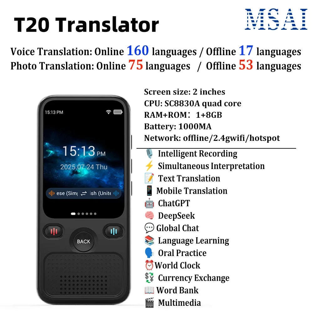 MSAI T20 160‑Language Translator with Camera and Real‑Time Voice Translation-T20