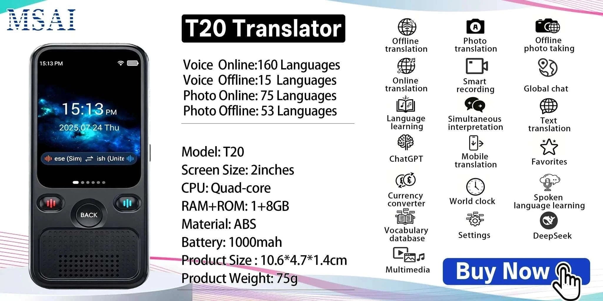 MSAI T20 160-Language Translator with Camera and Voice-T20