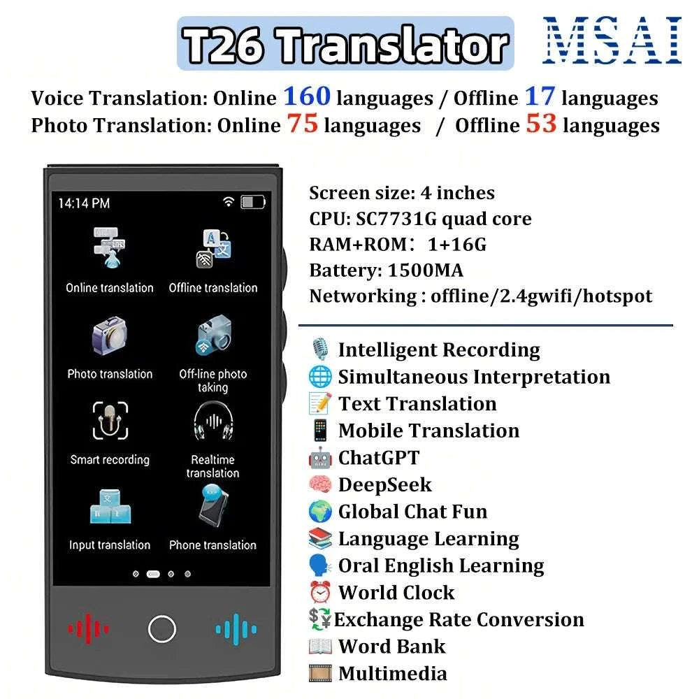 MSAI T26 160 Languages Voice Translator Online Photo 75 Languages Audio Translate 115 Offline Real Time Translation for Travel-T26