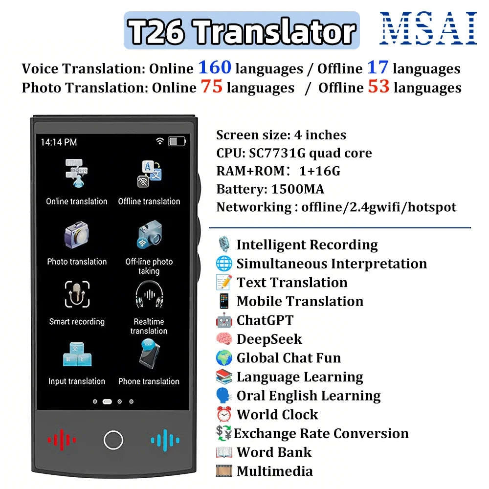 MSAI T26 160 Languages Voice Translator Online Photo 75 Languages Audio Translate 115 Offline Real Time Translation for Travel-T26