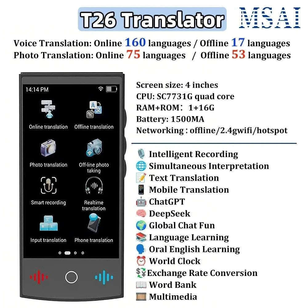 MSAI T26 Voice Translator for Travel and Cross-Language Chat-T26