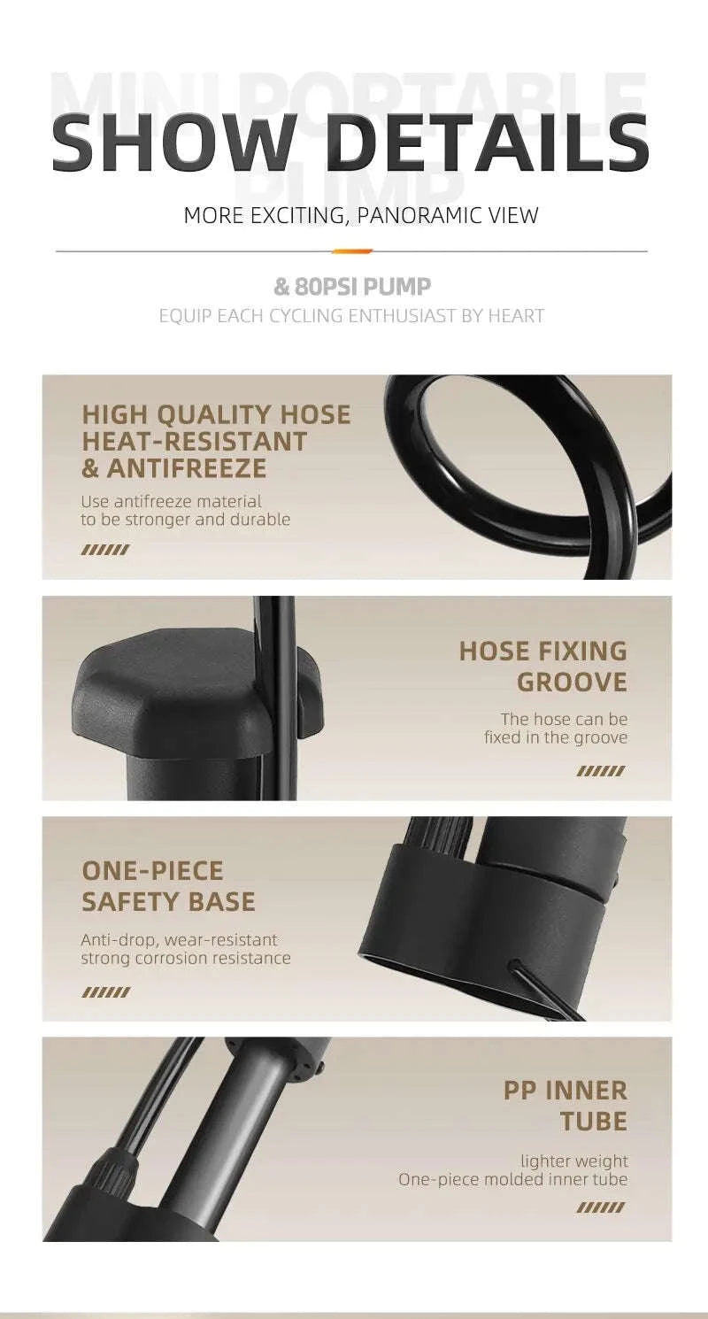 MTB Bicycle Pump 80 PSI Manual Floor Inflator-black