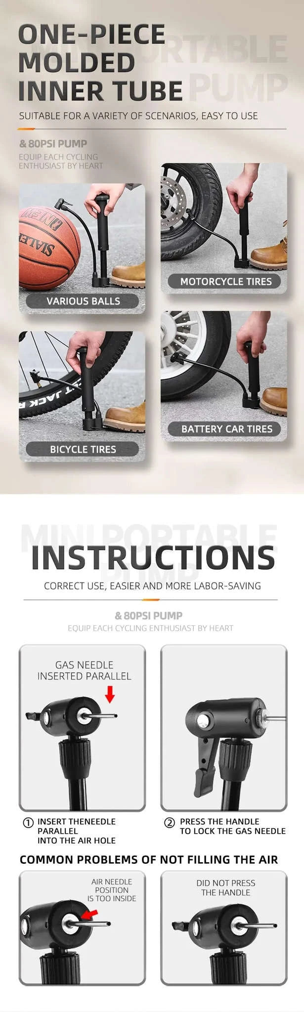 MTB Bicycle Pump 80 PSI Manual Floor Inflator-black