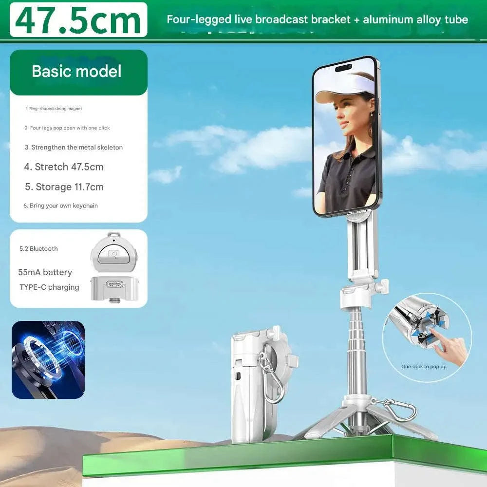 Multi‑Function Foldable Magnetic Phone Holder Tripod with Remote Control-White