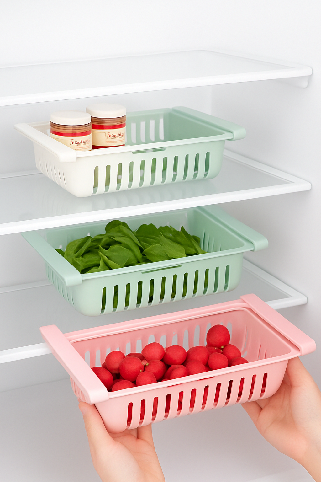 Verstellbarer Aufbewahrungskorb für Kühlschrank zur Organisation