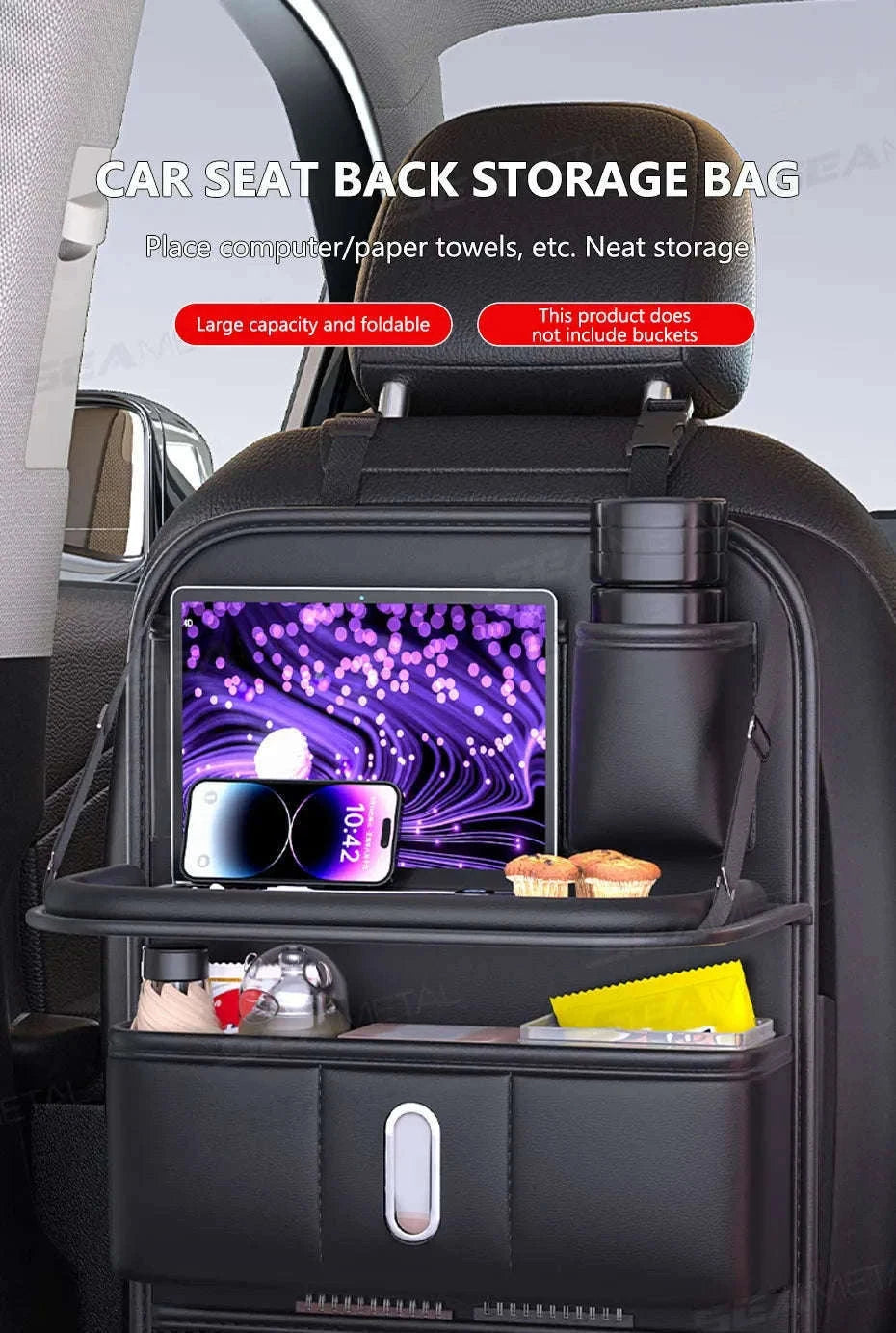 Multi-Pocket Car Seat Back Organizer with Foldable Tray-1 pc
