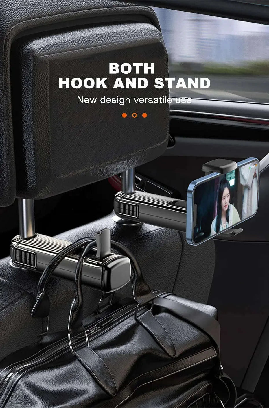 Multifunctional Car Headrest Hook and Phone Holder-Black