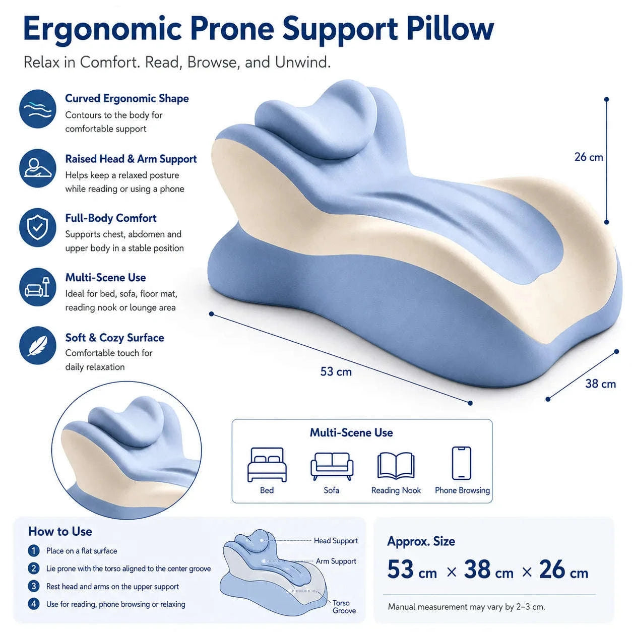 Multifunctional Memory Foam Prone Reading Pillow-Double Gray / United States