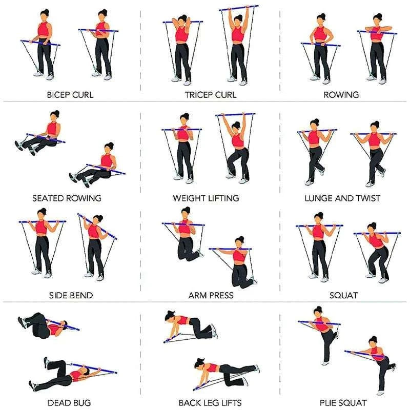 Multifunctional Pilates Bar with Resistance Bands for Home Fitness-Black