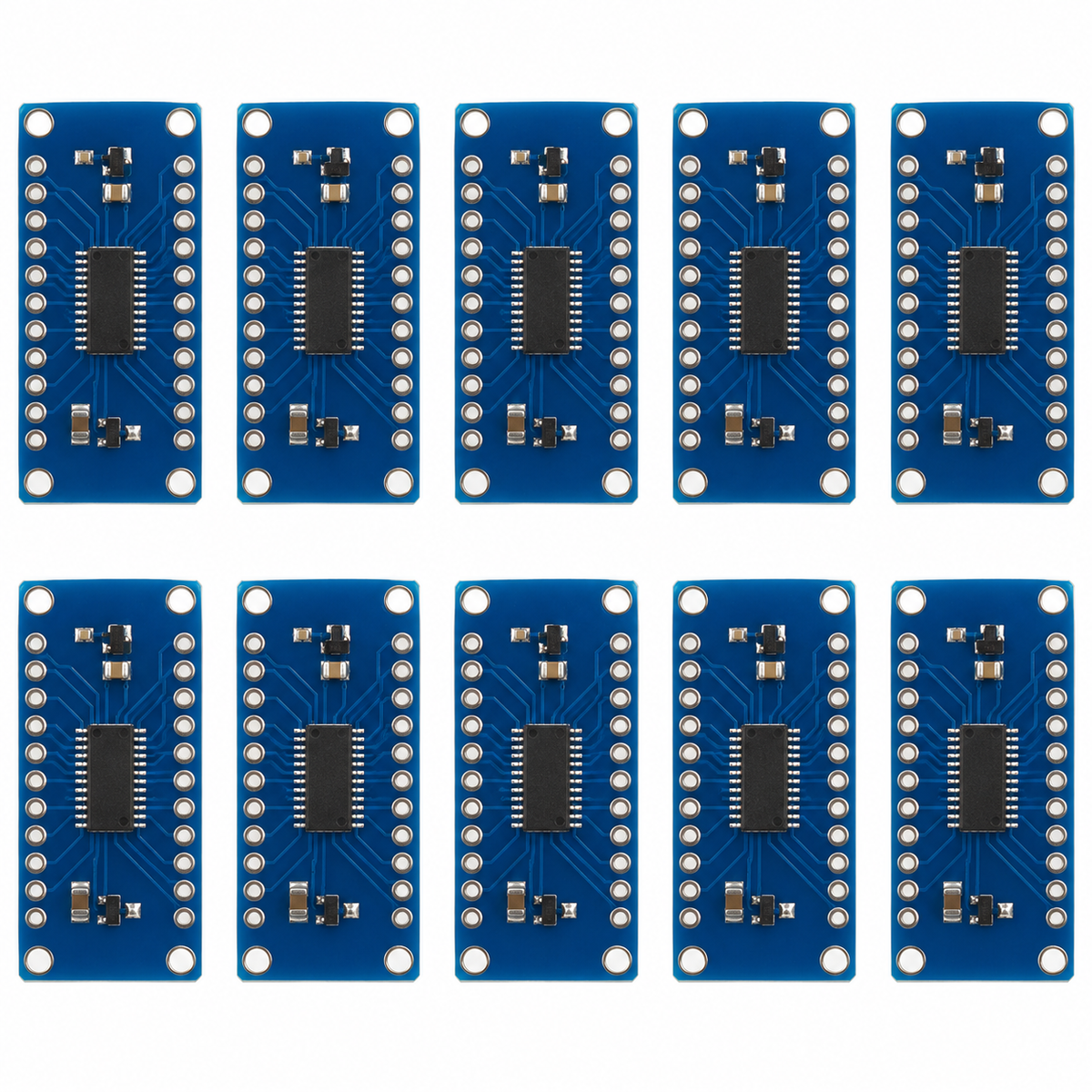 Ten blue analog multiplexer circuit boards on white background