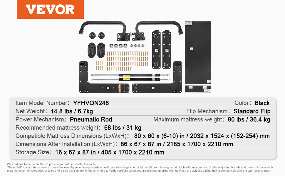 Kit de lit escamotable Murphy SucceBuy taille complète, orientation verticale, deluxe, bricolage, mécanisme mural, pneumatique, levier, cadre robuste pour chambre d'amis