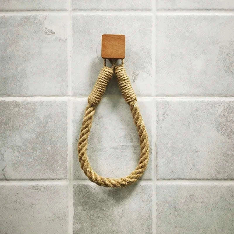 Nail-Free Boho Rope Towel Holder for Wall-Mounted Storage-square hemp