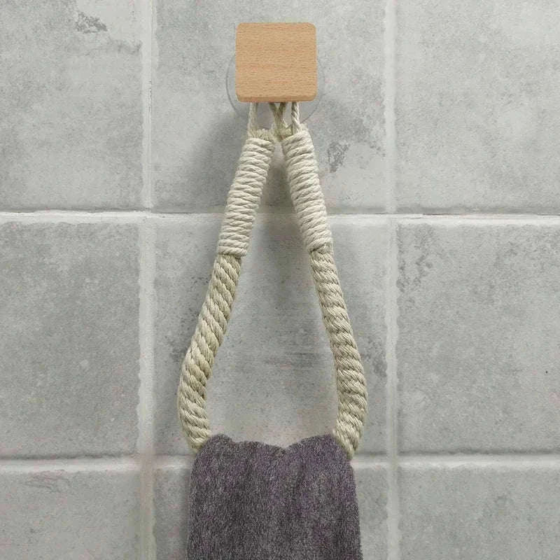 Nail-Free Boho Rope Towel Holder for Wall-Mounted Storage-square hemp