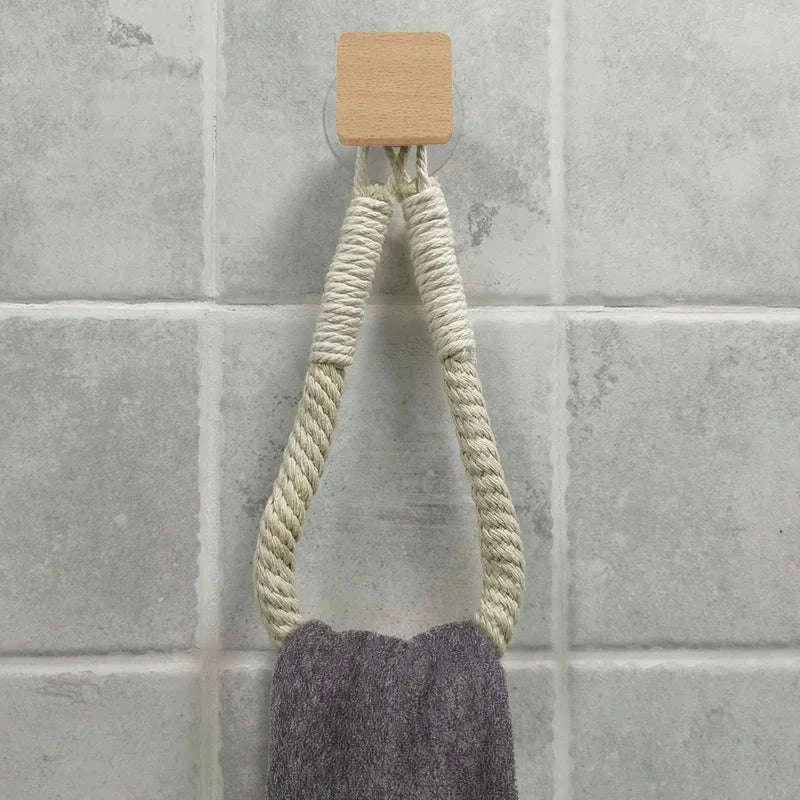 Nail-Free Boho Rope Towel Holder for Wall-Mounted Storage-square hemp