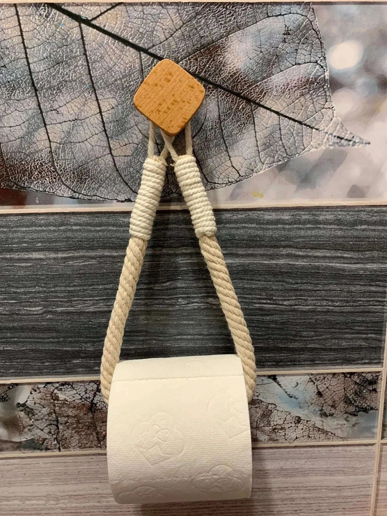 Nail-Free Boho Rope Towel Holder for Wall-Mounted Storage-square hemp
