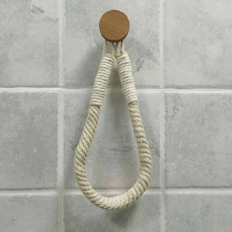 Nail-Free Boho Rope Towel Holder for Wall-Mounted Storage-square hemp