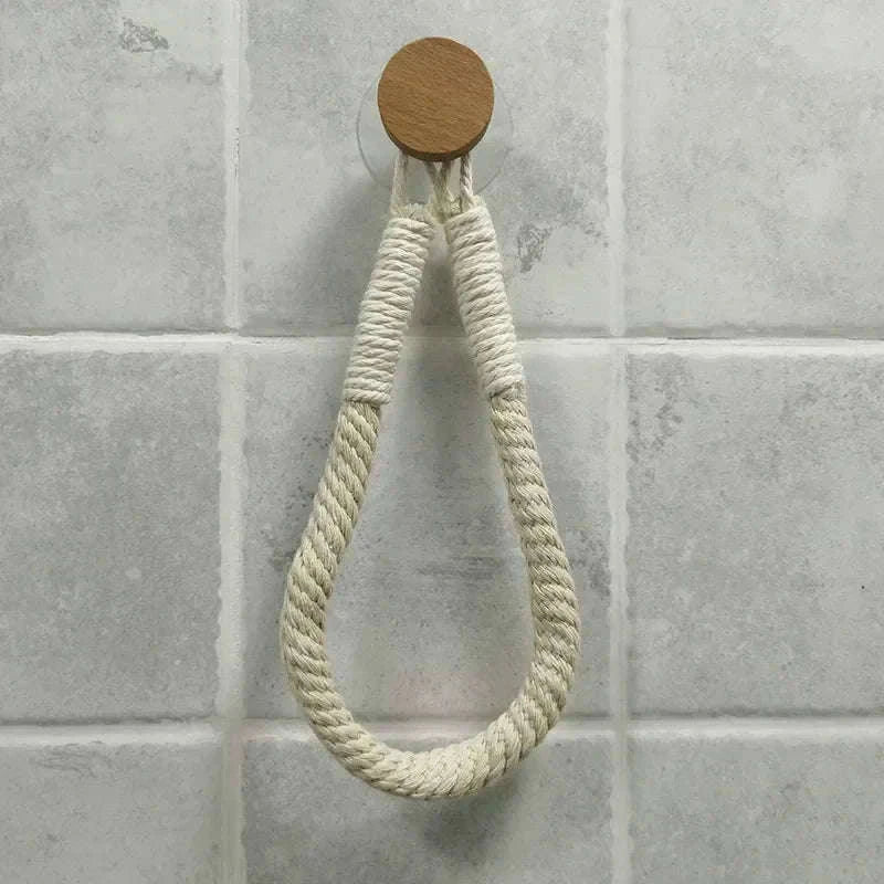 Nail-Free Boho Rope Towel Holder for Wall-Mounted Storage-square hemp