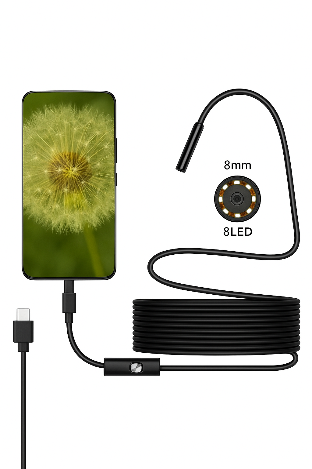 8mm USB Endoscope Camera 1080P Waterproof Borescope